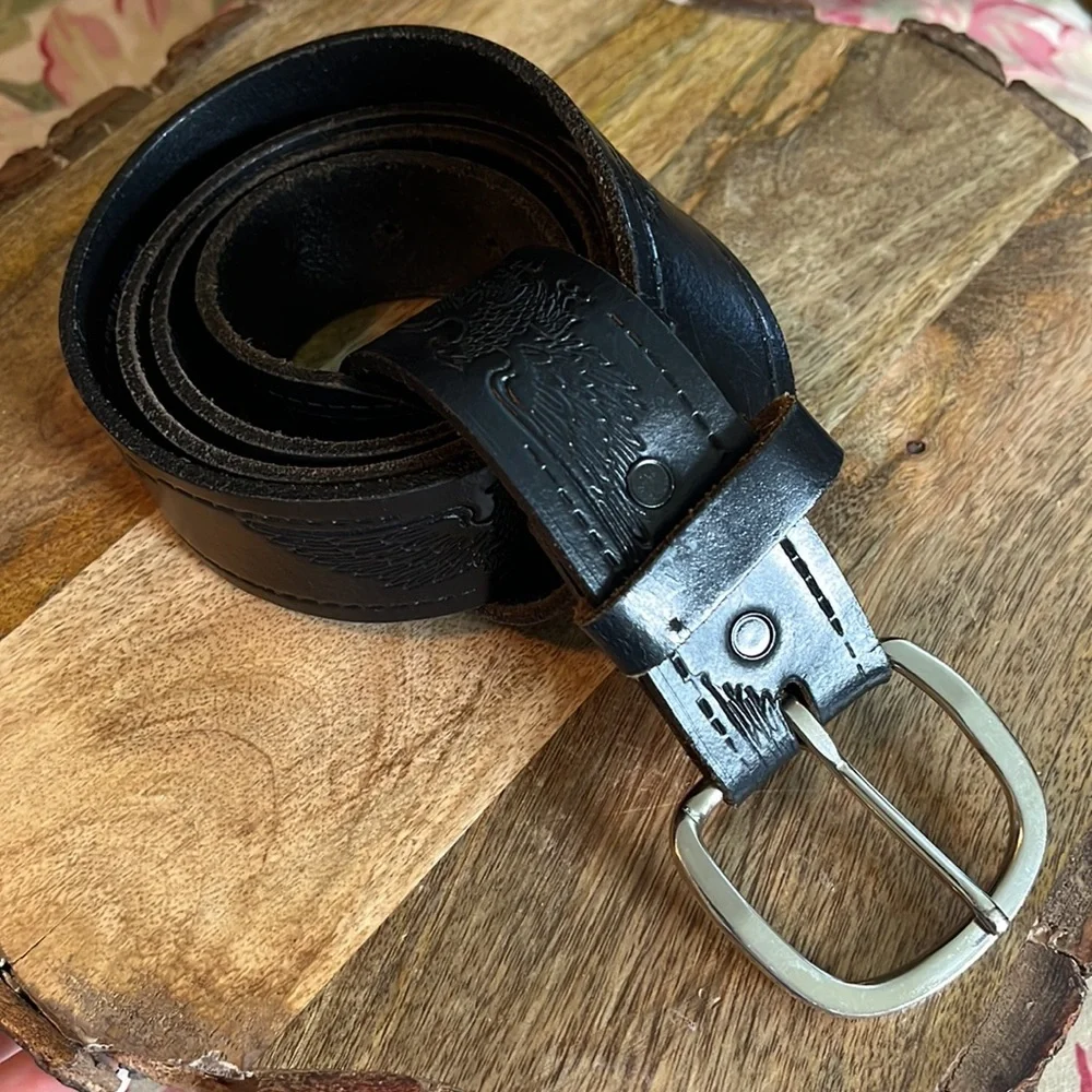 Vtg HARLEY DAVIDSON Size XL 42-44 Embossed Eagle Belt Black Thick Leather Silver - Picture 7 of 16